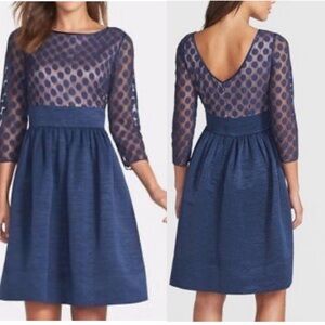 Eliza J Dot Mesh Navy Fit and Flare Dress Size 16